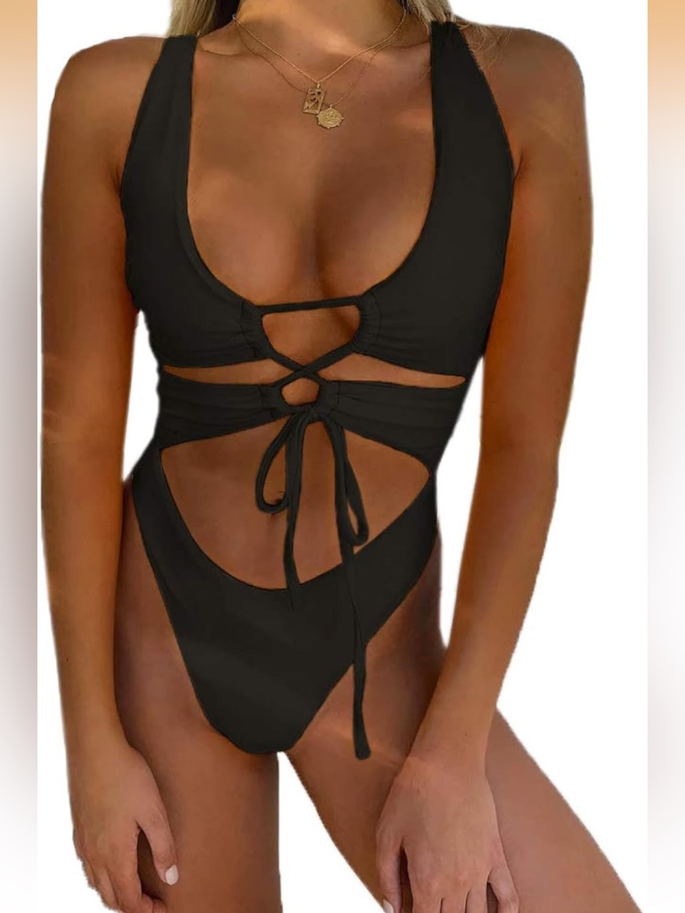 Black Cutout Tie-Front One-Piece Swimsuit - Women Swim